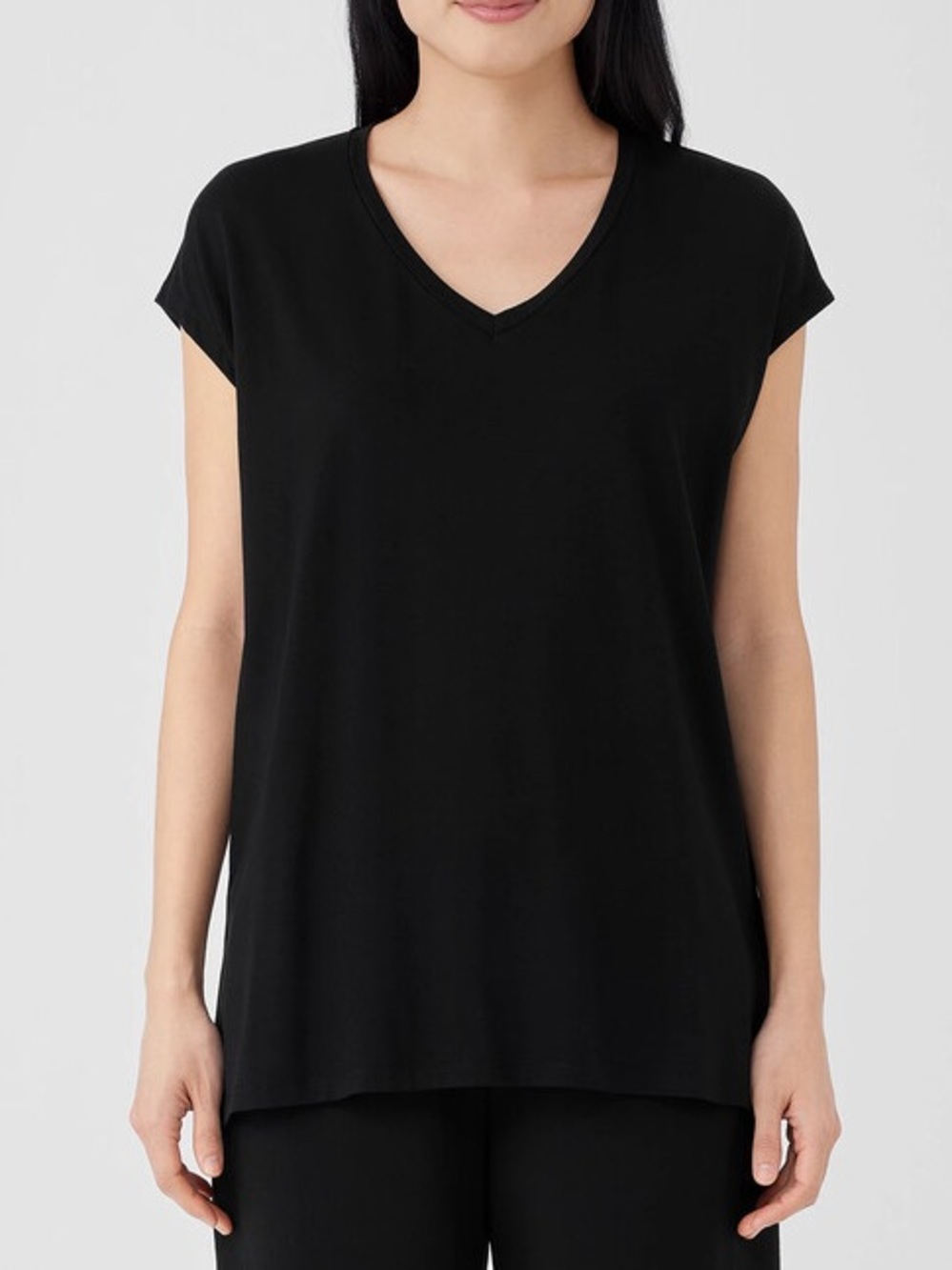 Eileen Fisher Black Fine Jersey VNeck Cap Sleeve Boxy Fit Top Long Length Medium
